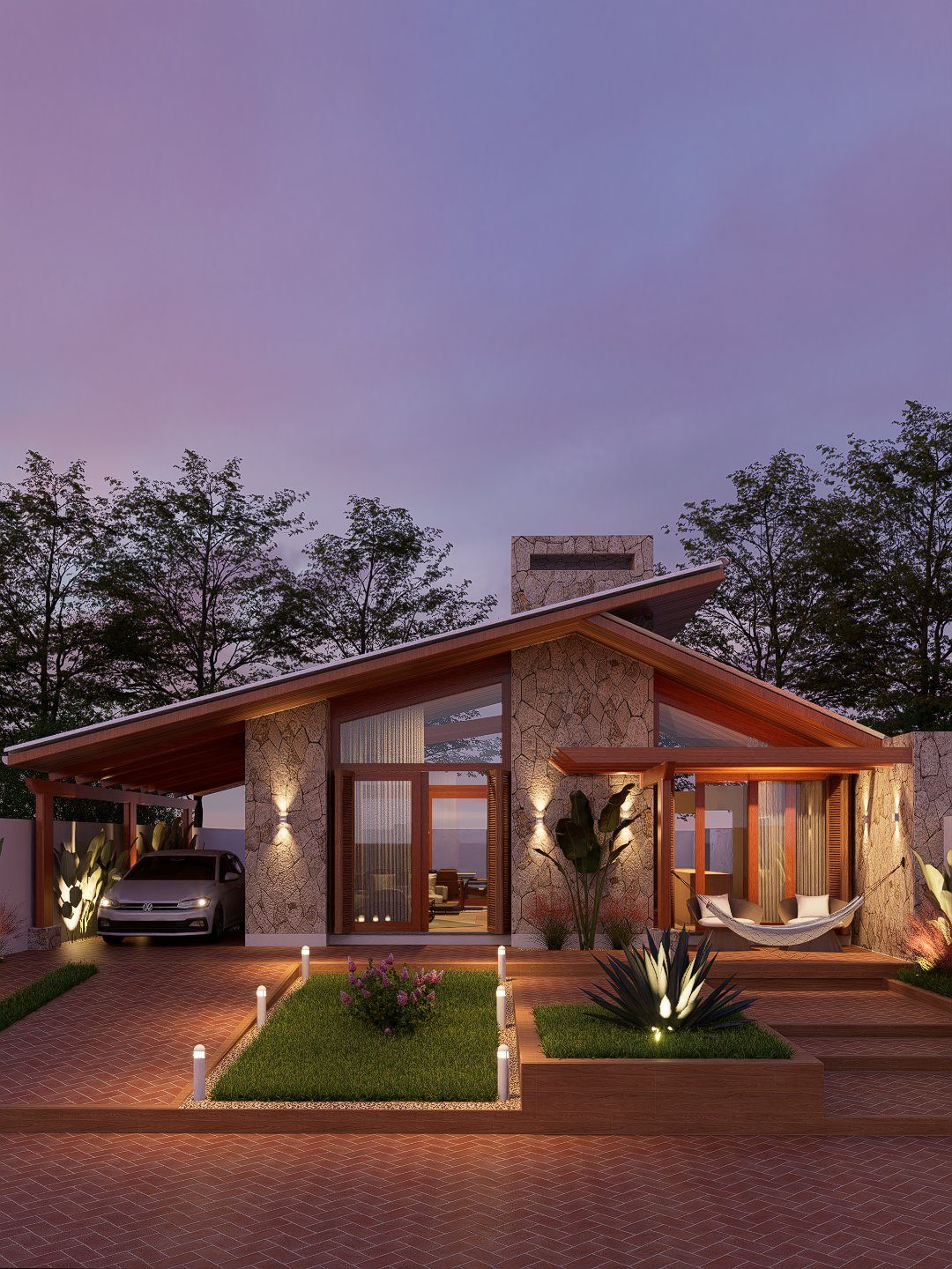Fachada iluminada ao entardecer com paisagismo e revestimento em pedra