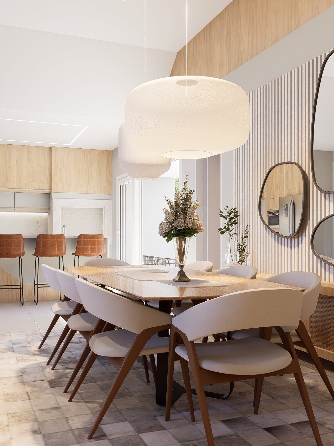 Sala de jantar com mesa de madeira, luminária pendente e painéis ripados
