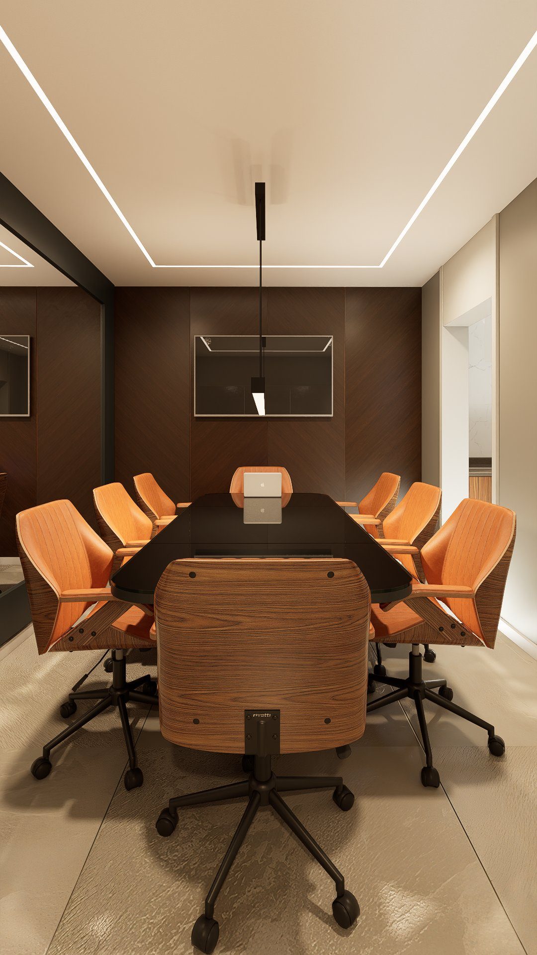 Sala de reunião corporativa com mesa oval e cadeiras estofadas